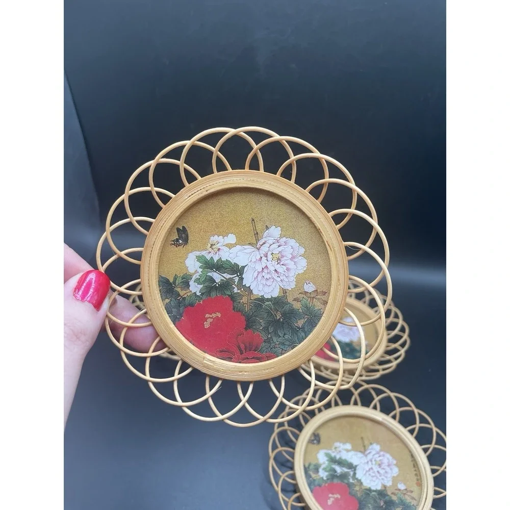 Vintage 80s Wicker Wooden Coasters With Floral And Butterfly Pattern Set Of Four